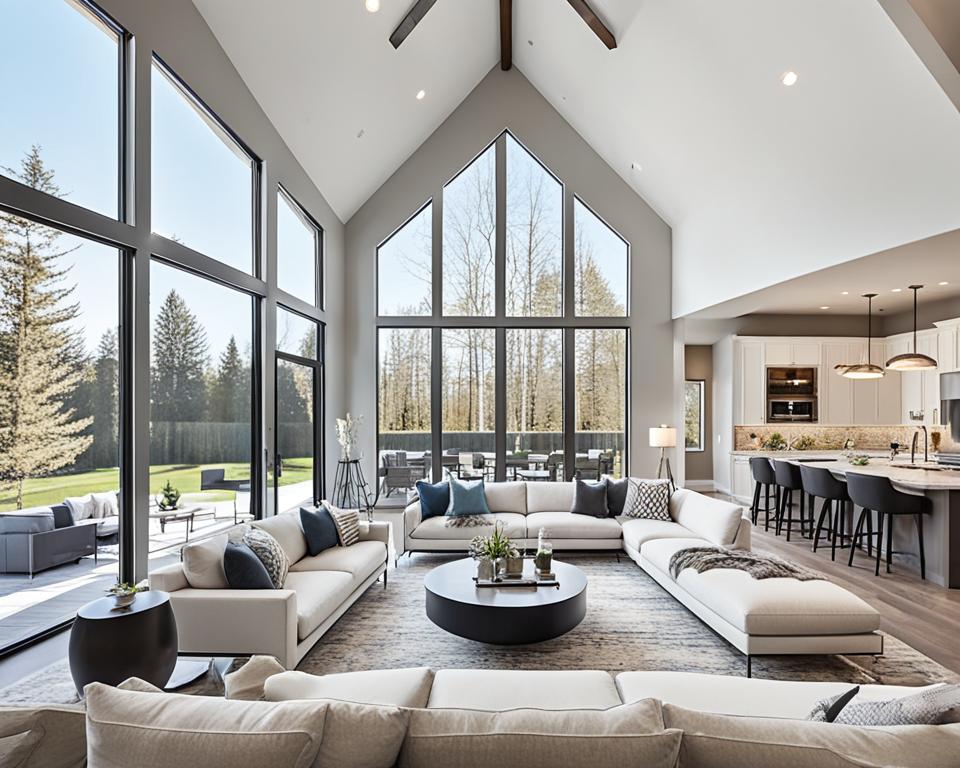 open concept living area with vaulted ceilings