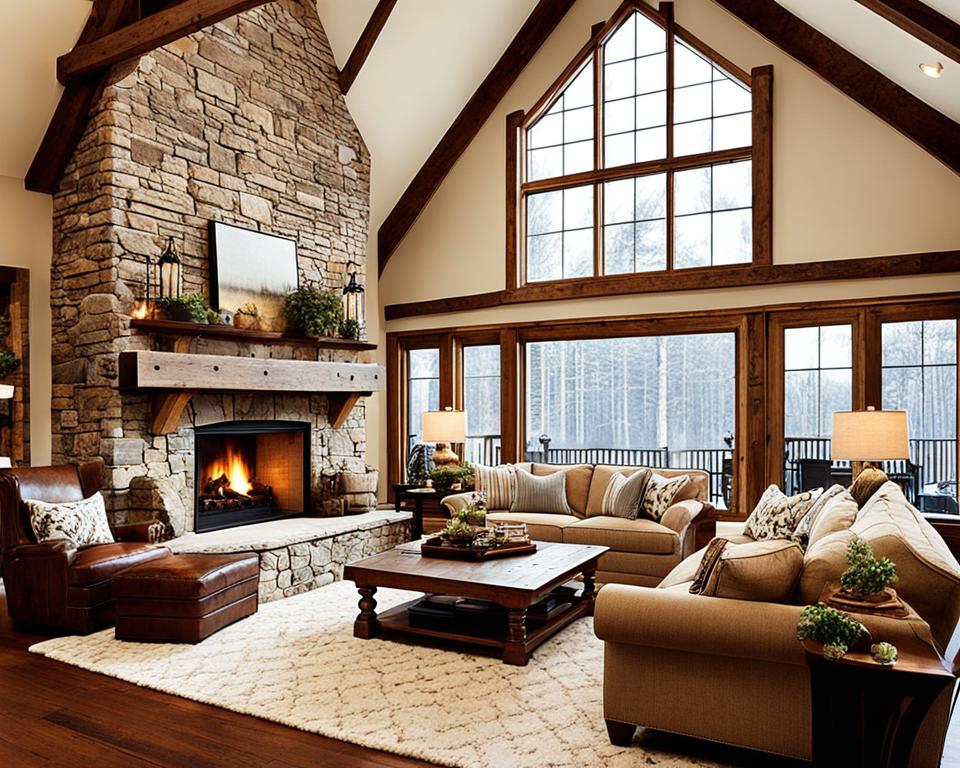 rustic vaulted ceiling living room