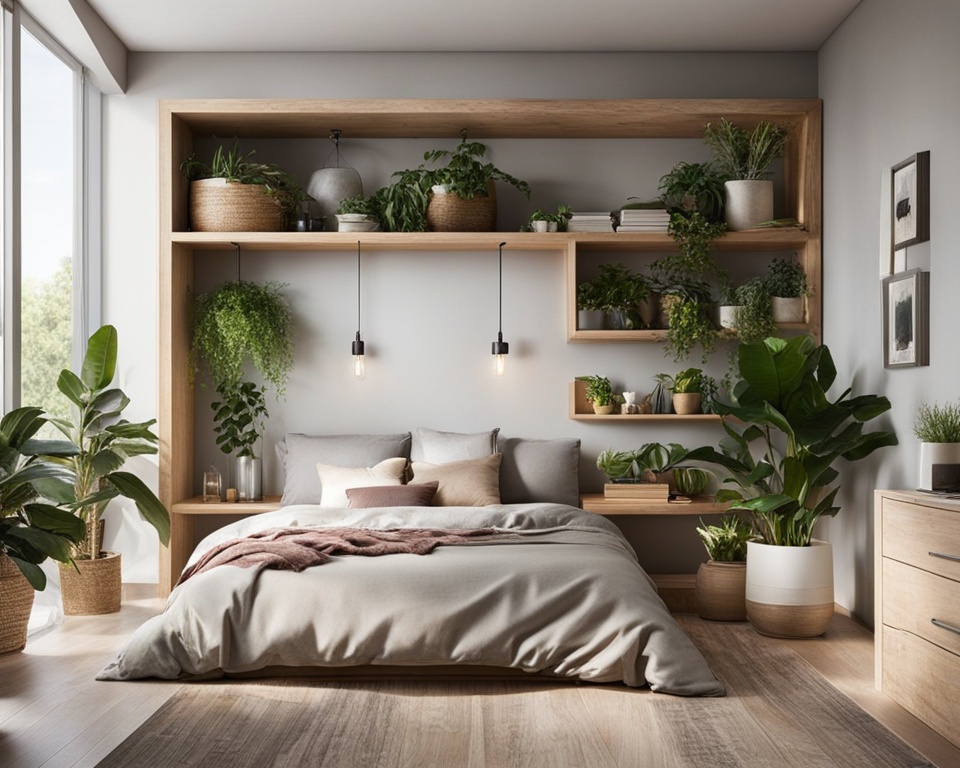 Stylish Bedroom Shelves with Indoor Plants Decor