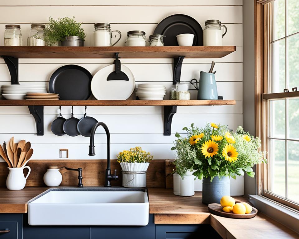open shelving in farmhouse kitchen
